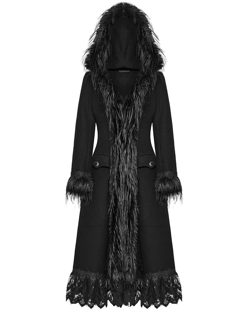 Punk Rave Womens Gothic Winter Fur & Lace Trimmed Hooded Coat - Extended Size Range