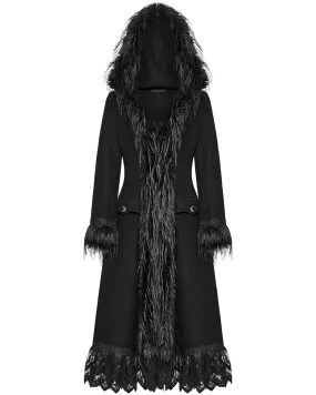 Punk Rave Womens Gothic Winter Fur & Lace Trimmed Hooded Coat - Extended Size Range