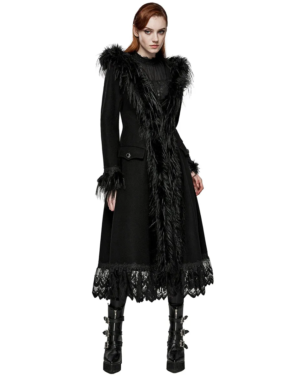 Punk Rave Womens Gothic Winter Fur & Lace Trimmed Hooded Coat - Extended Size Range