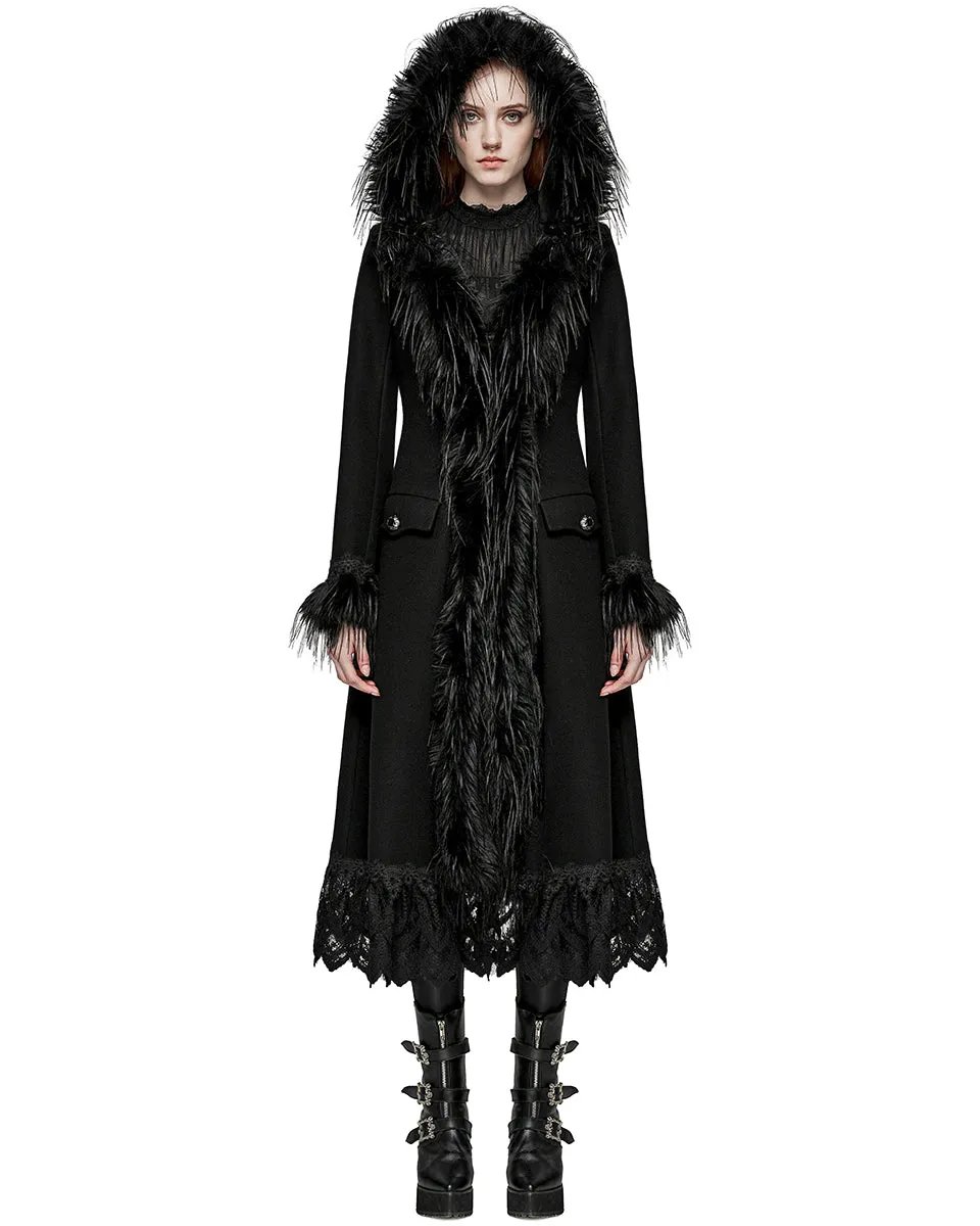 Punk Rave Womens Gothic Winter Fur & Lace Trimmed Hooded Coat - Extended Size Range