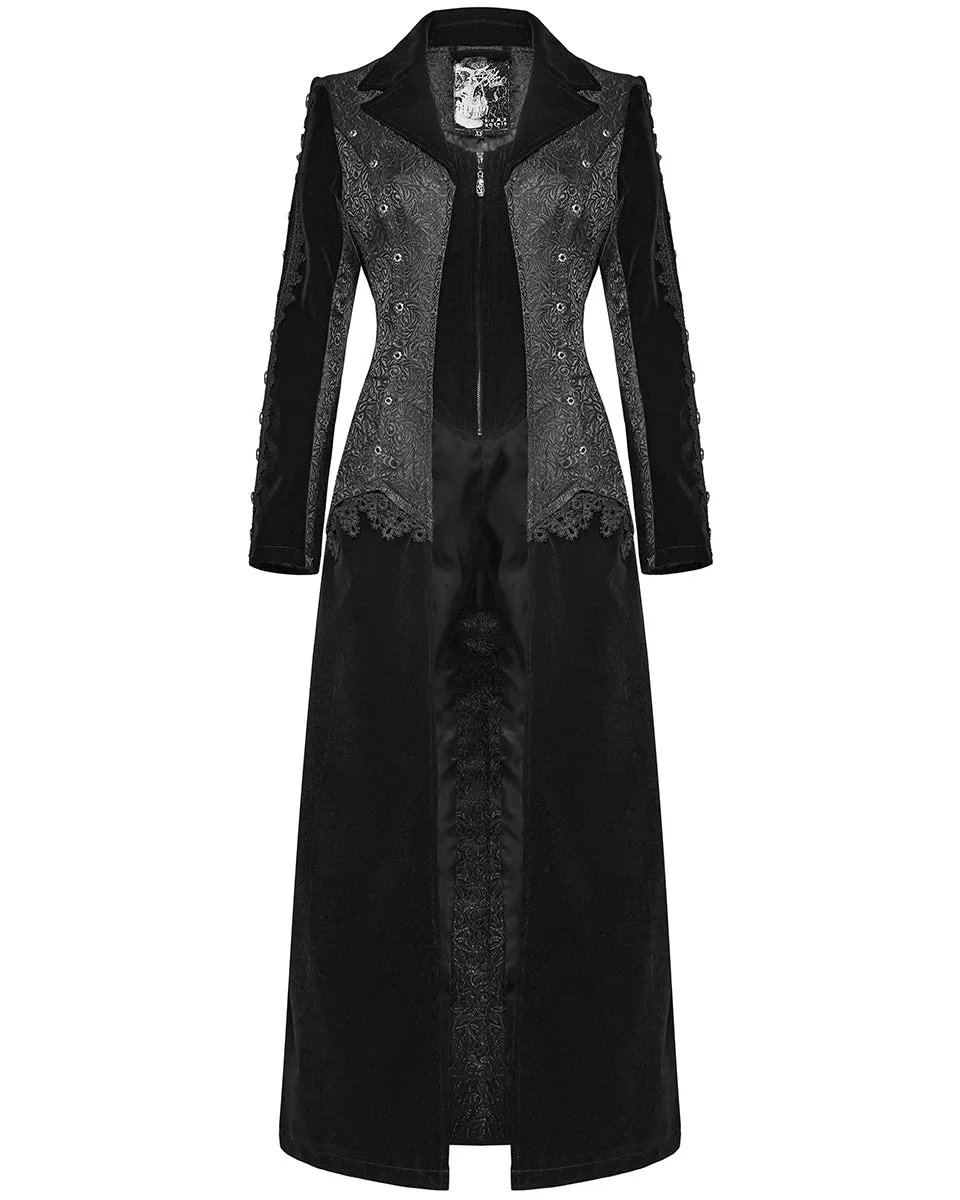 Punk Rave Womens Long Gothic Velvet & Jacquard Court Coat