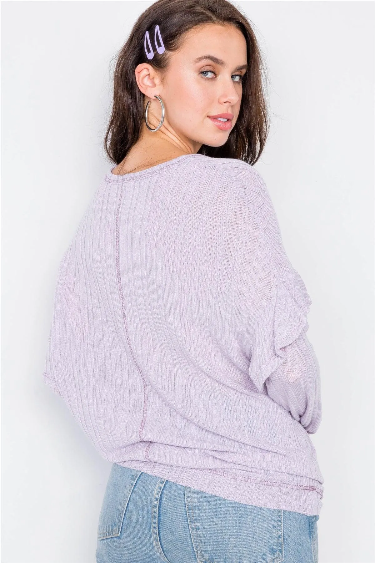 Relaxed Fit Ribbed Knit Long Ruffle Sleeve Top