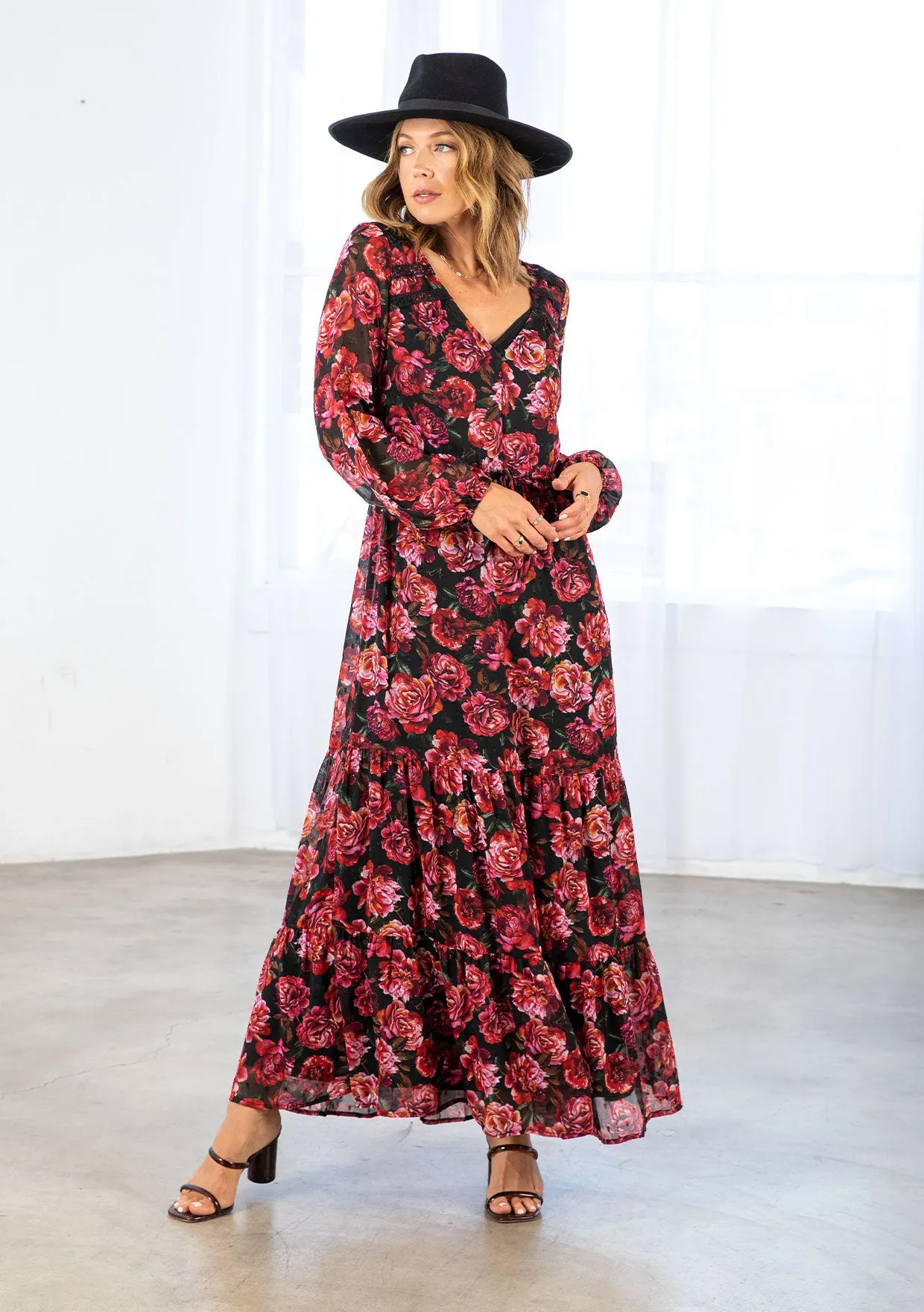 Rose Floral Print Clip Dot Long Sleeve Maxi Dress