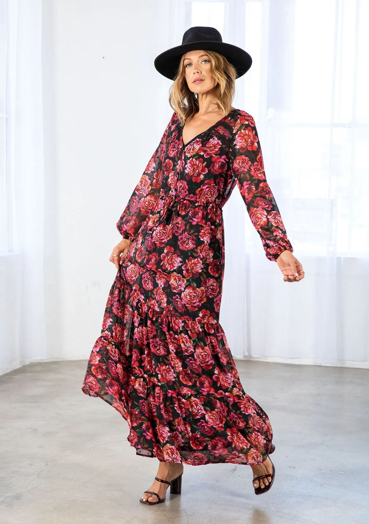 Rose Floral Print Clip Dot Long Sleeve Maxi Dress