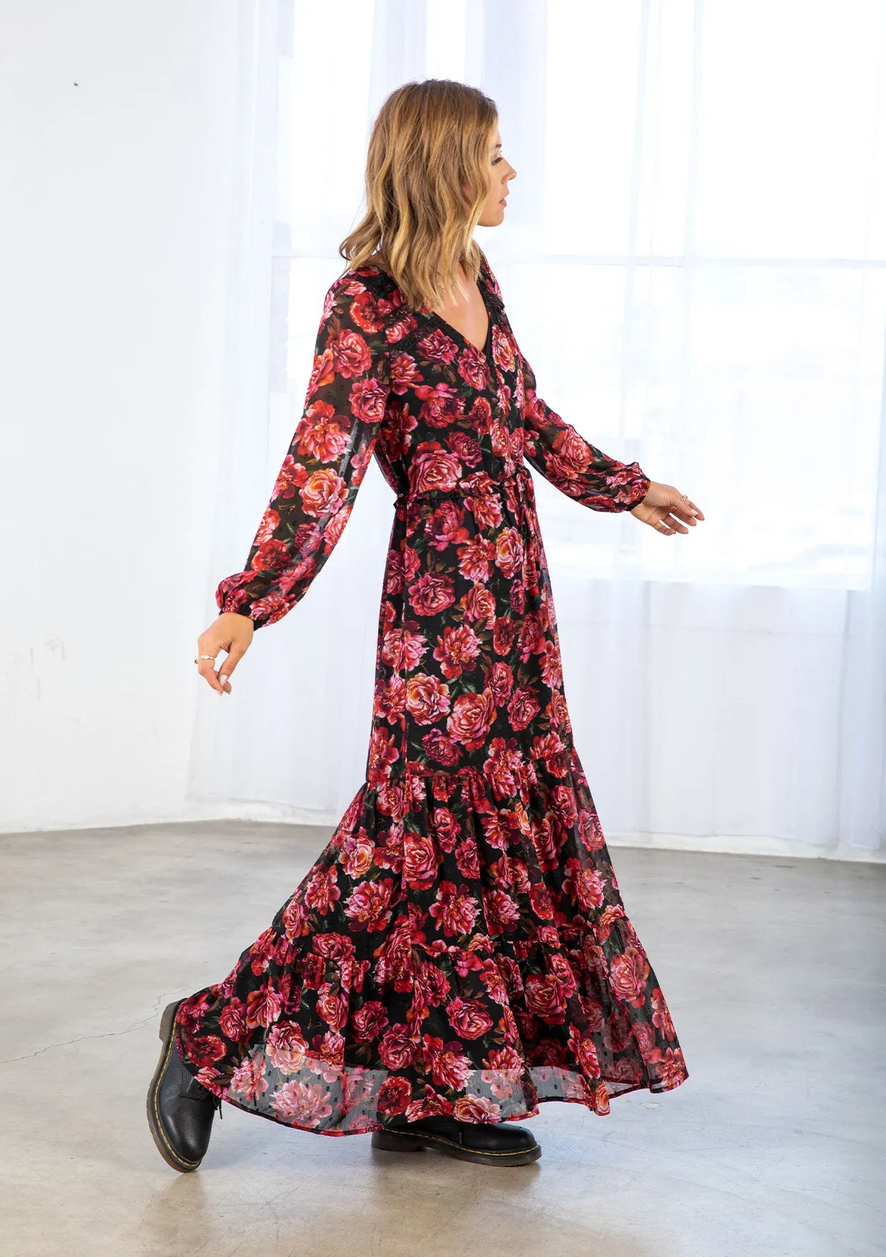 Rose Floral Print Clip Dot Long Sleeve Maxi Dress