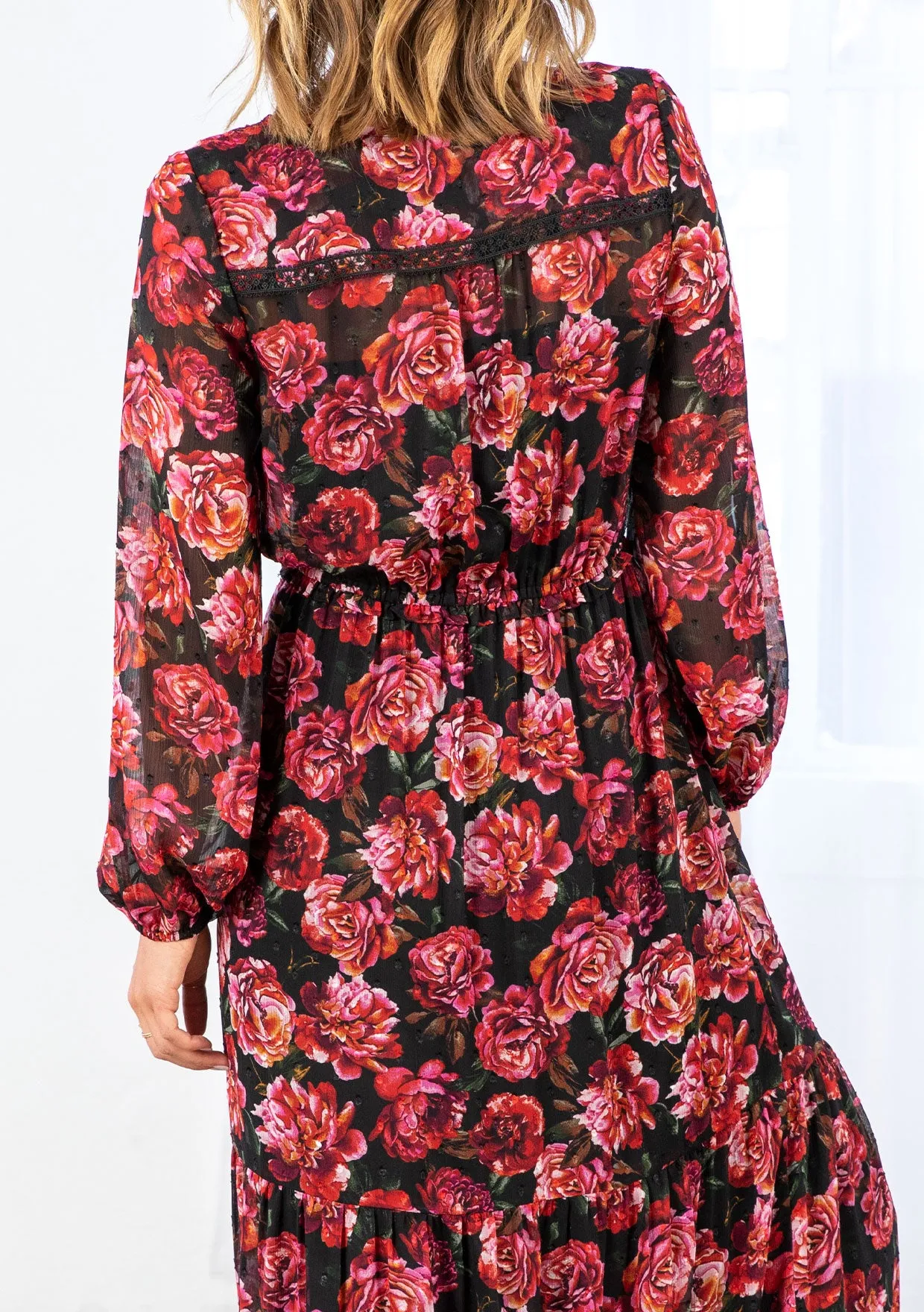Rose Floral Print Clip Dot Long Sleeve Maxi Dress