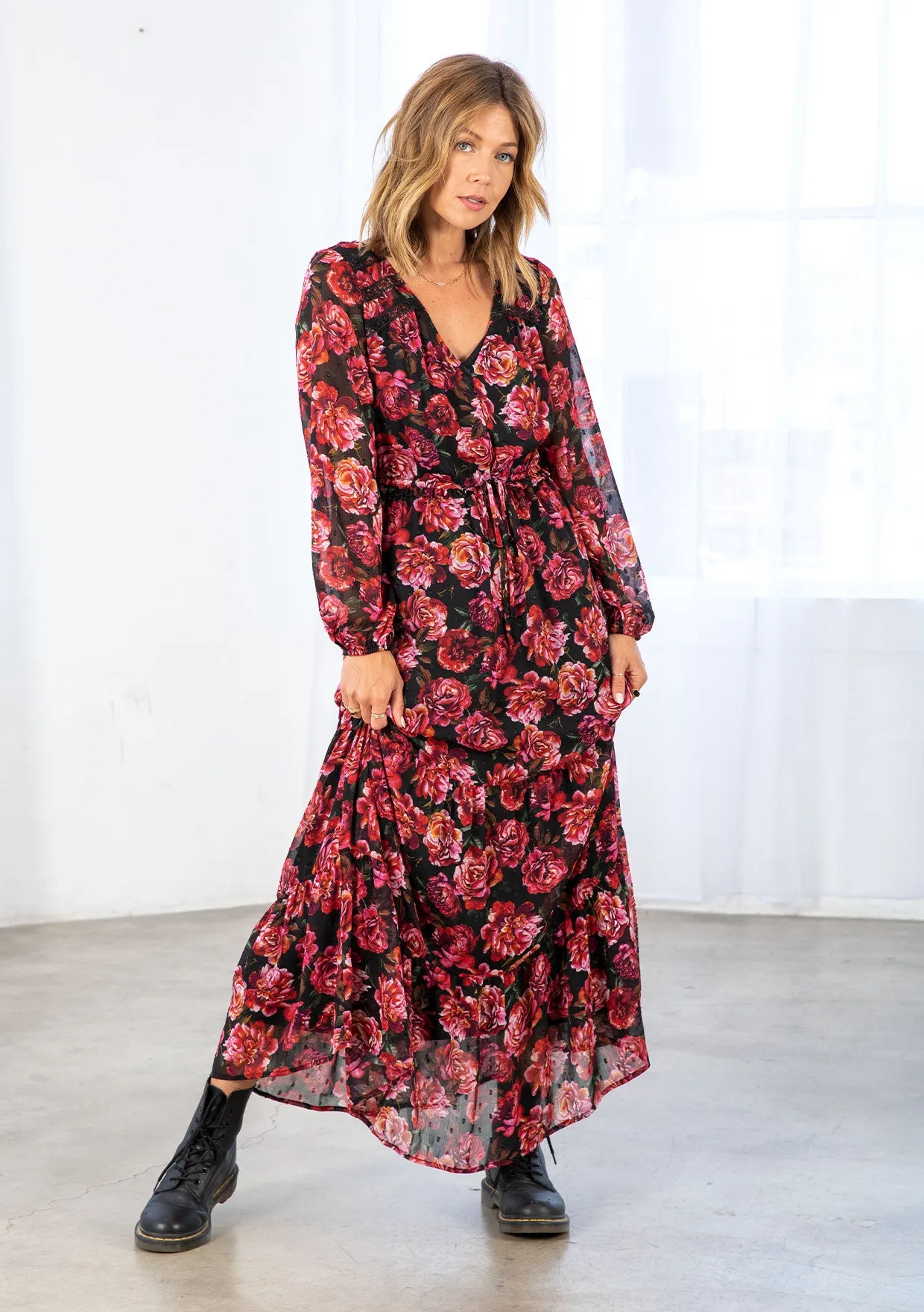 Rose Floral Print Clip Dot Long Sleeve Maxi Dress
