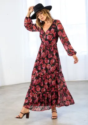 Rose Floral Print Clip Dot Long Sleeve Maxi Dress