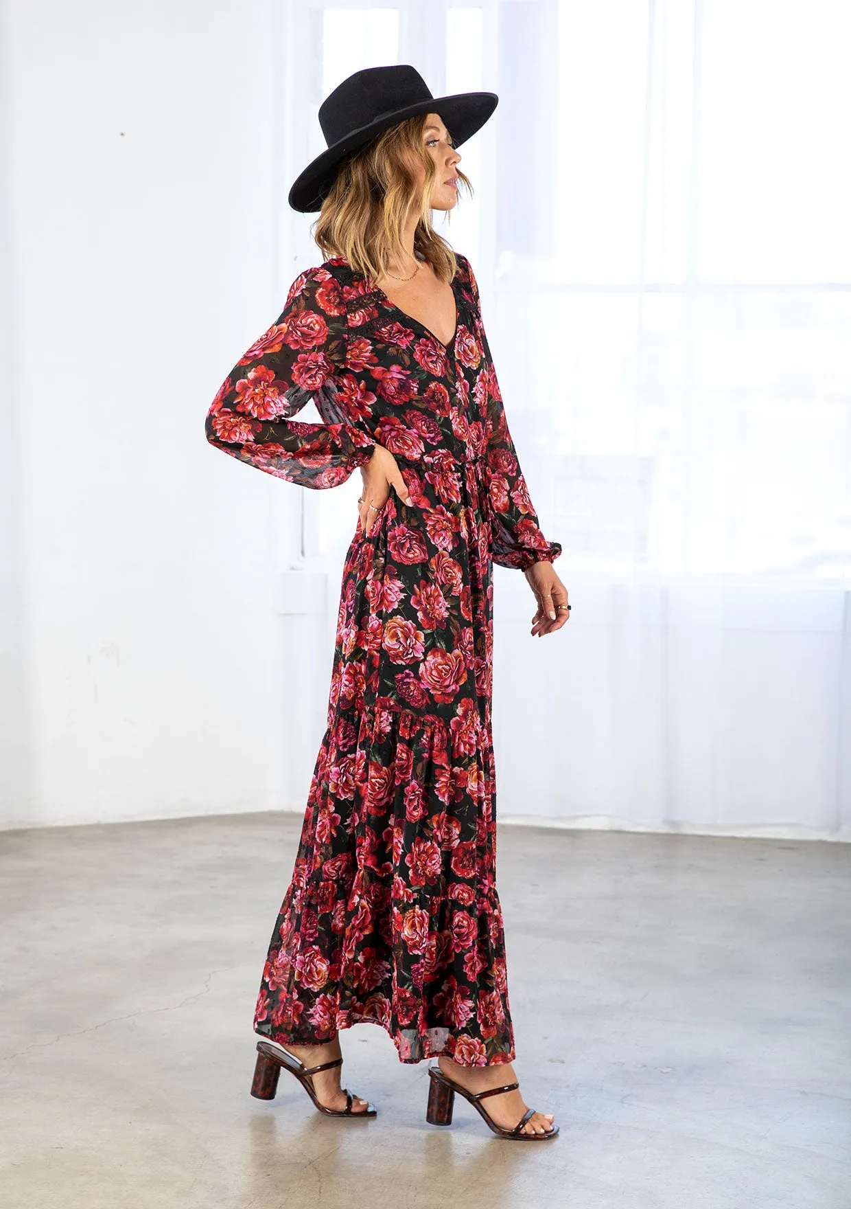 Rose Floral Print Clip Dot Long Sleeve Maxi Dress
