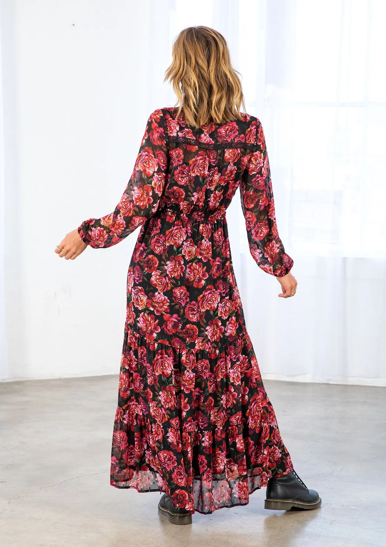 Rose Floral Print Clip Dot Long Sleeve Maxi Dress