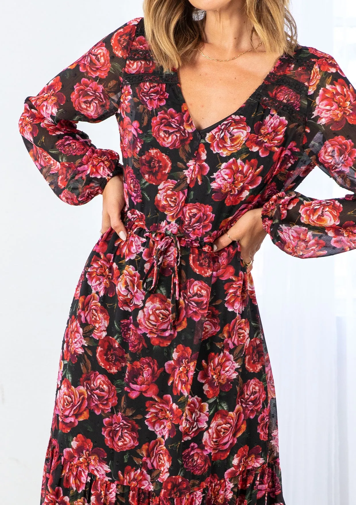 Rose Floral Print Clip Dot Long Sleeve Maxi Dress