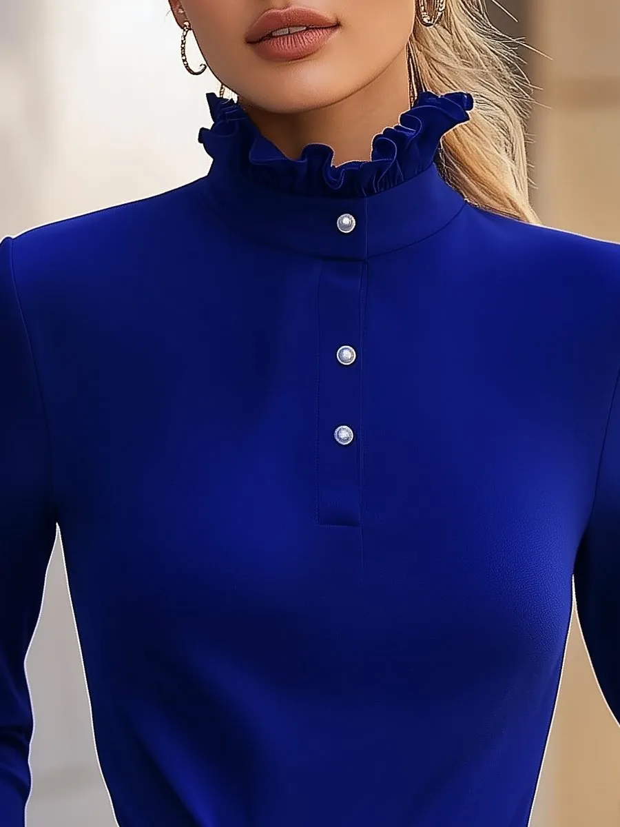 Royal Blue Ruffled High-Neck Blouse with Pearl Buttons