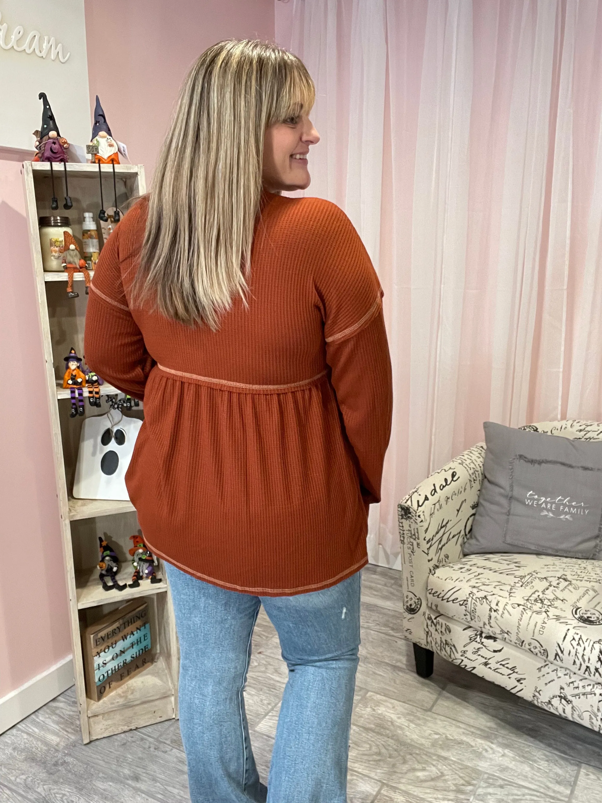 Rust Waffle Knit Babydoll Top