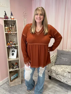 Rust Waffle Knit Babydoll Top
