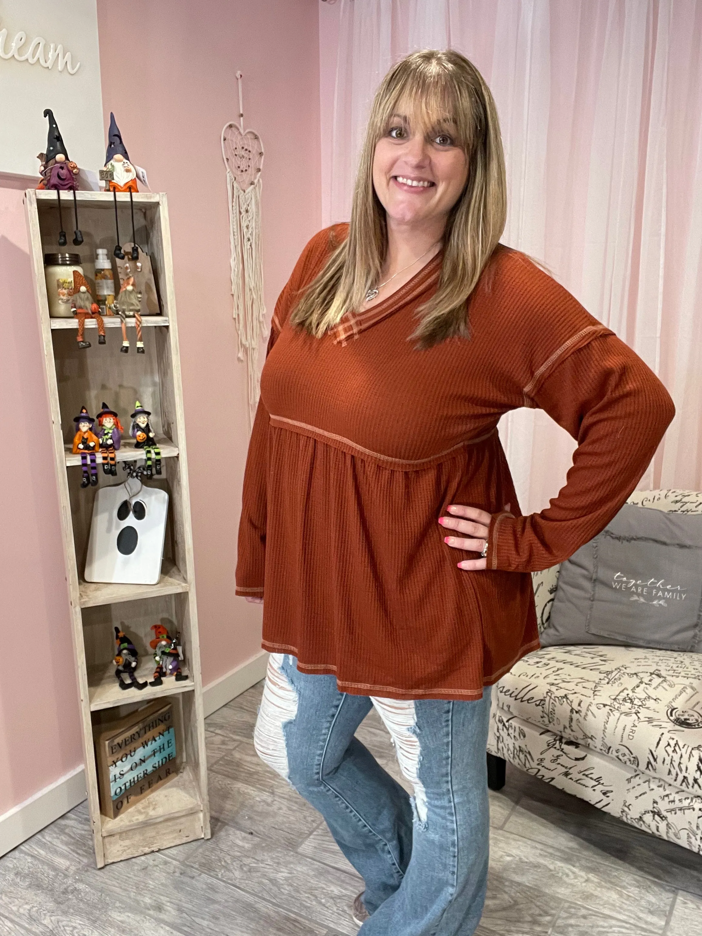 Rust Waffle Knit Babydoll Top