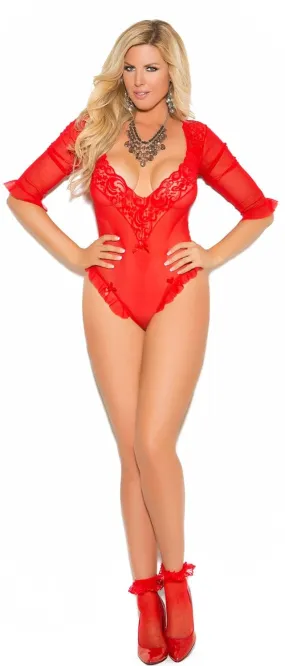 Sexy Plus Size Excite Red Mesh and Lace Teddy with Anklets