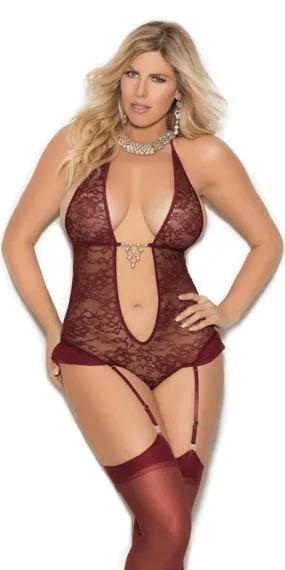 Sexy Show Me Plus Size Wine Ultra Plunge Lace Halterneck Teddy