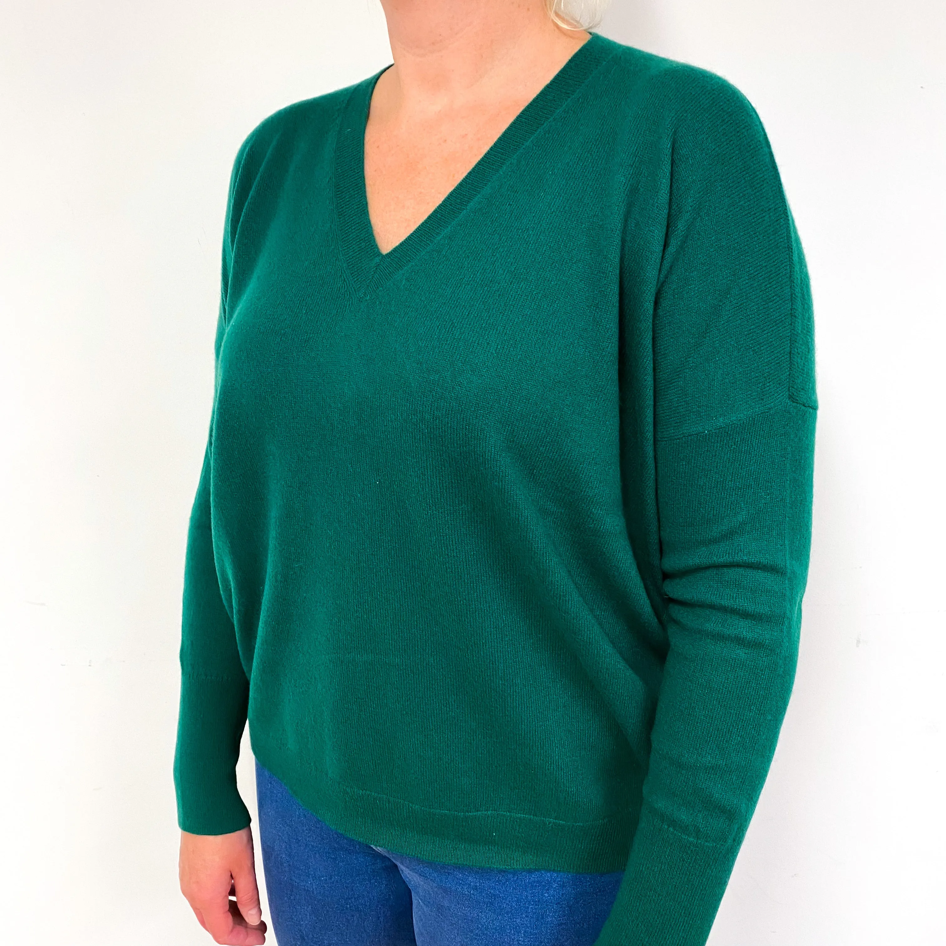 Shamrock Green Slouchy Cashmere V-Neck Jumper Large