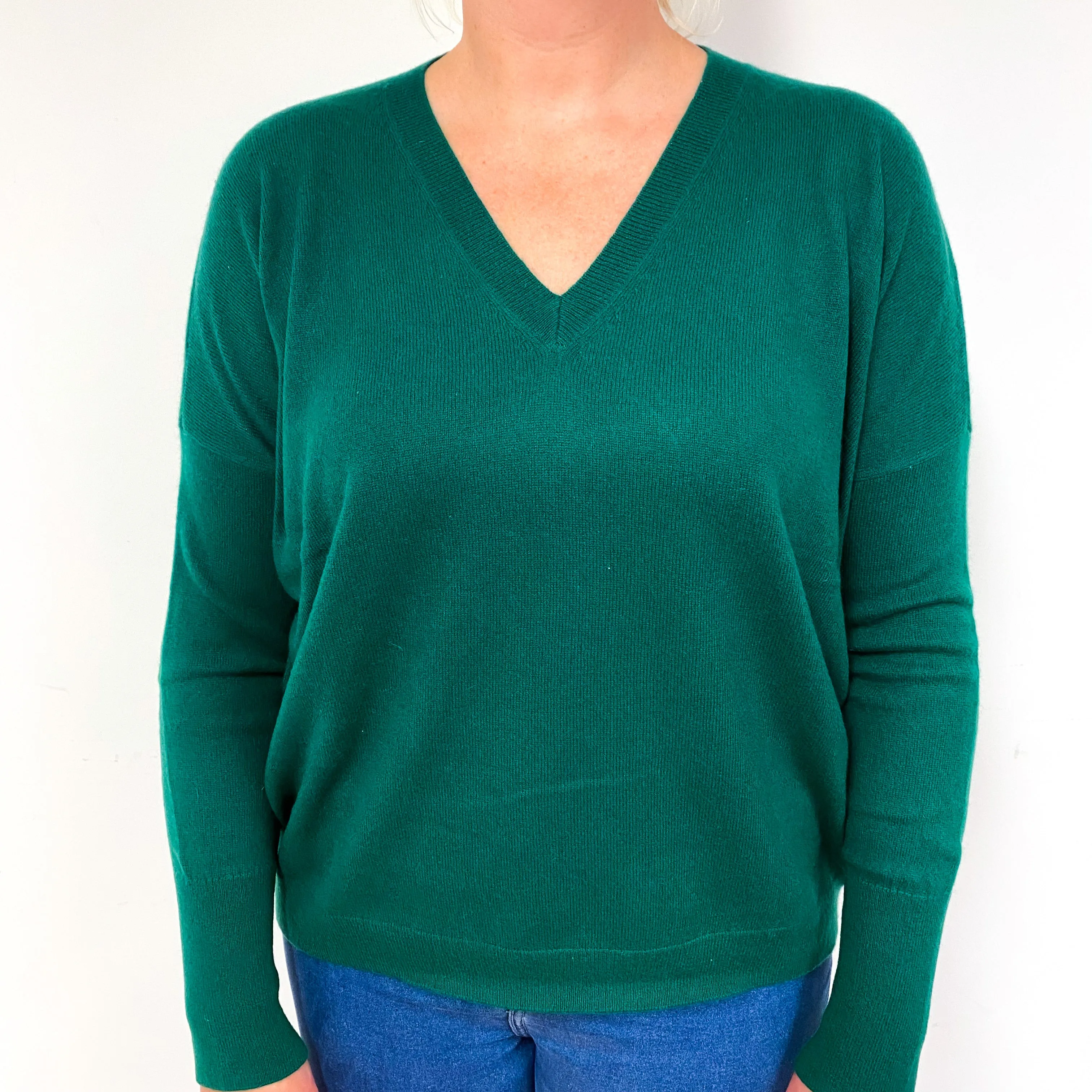 Shamrock Green Slouchy Cashmere V-Neck Jumper Large