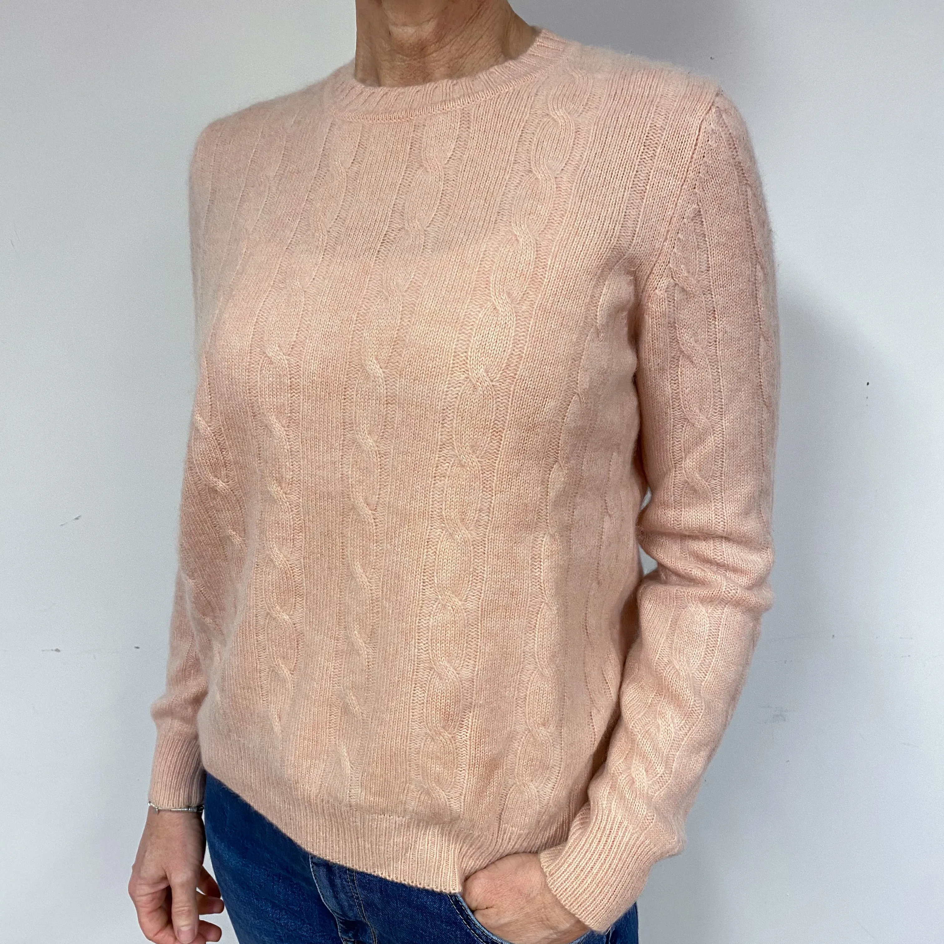 Shell Pink Cable Cashmere Crew Neck Jumper Medium