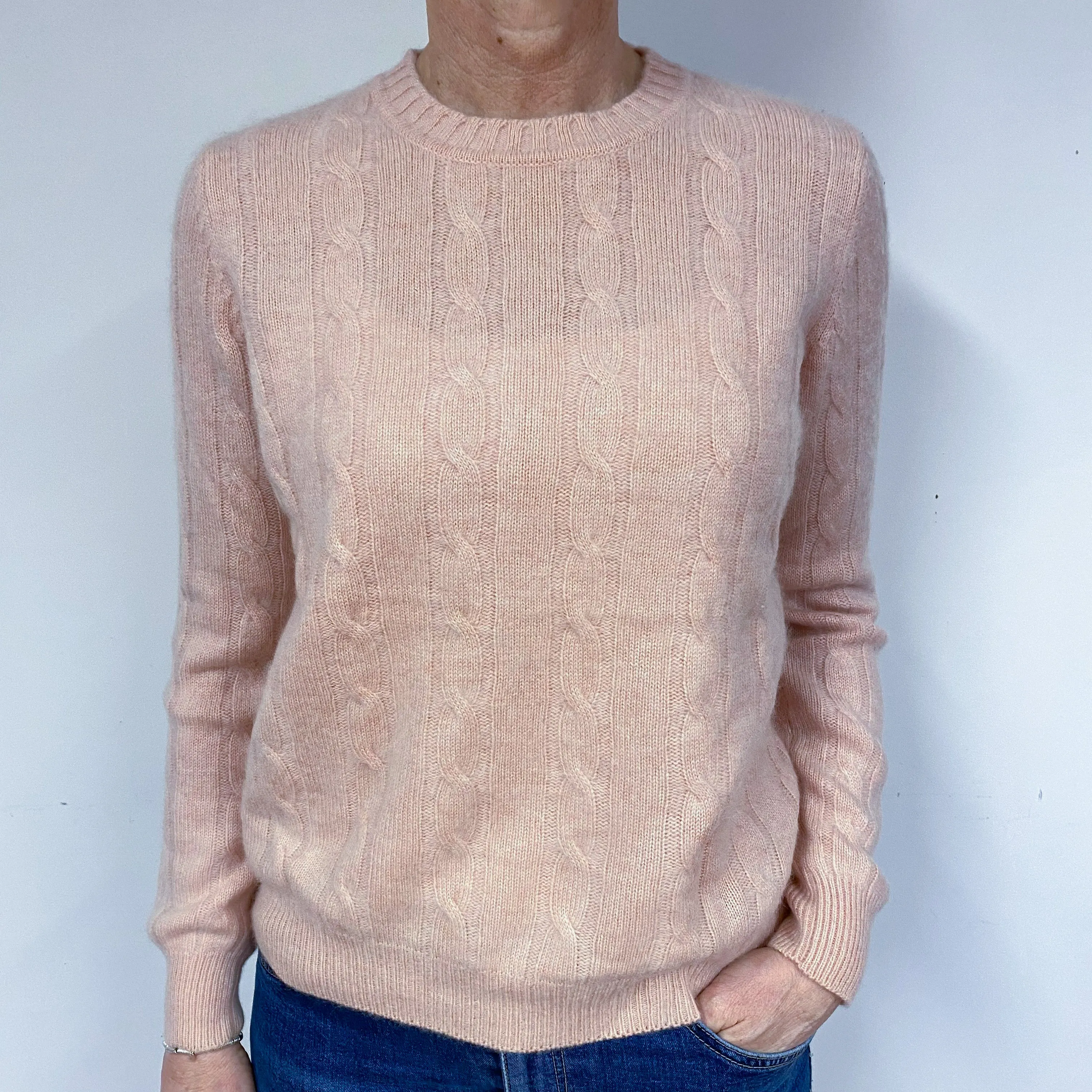 Shell Pink Cable Cashmere Crew Neck Jumper Medium