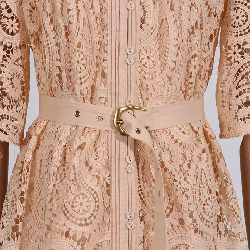 Short Sleeve Hollow Out Lace Midi Dress With Belt
