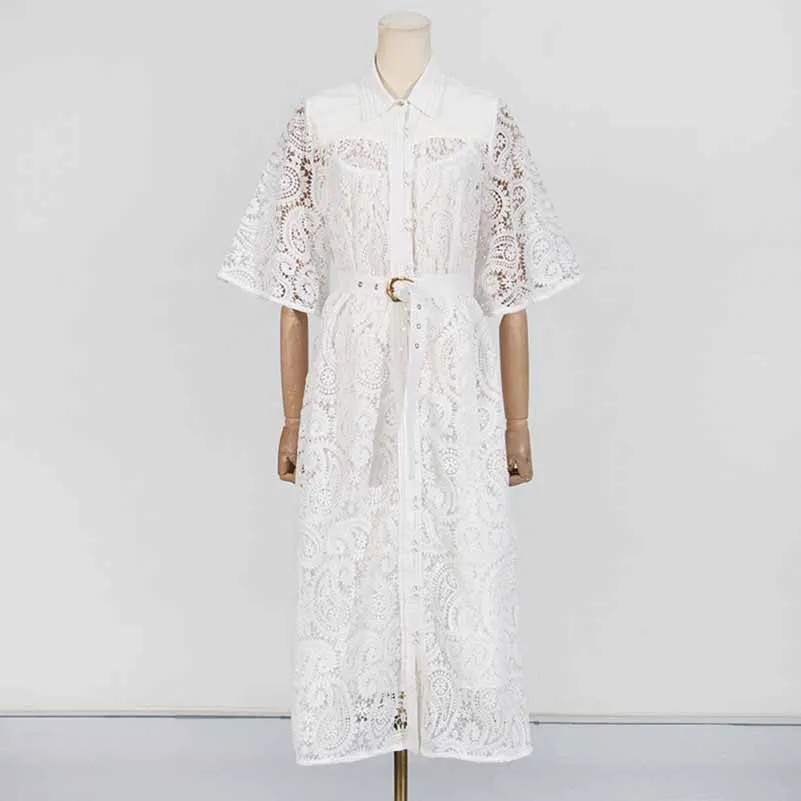 Short Sleeve Hollow Out Lace Midi Dress With Belt