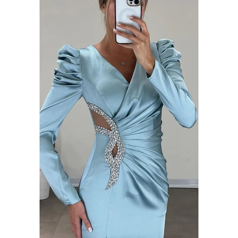Simple Casual Long Sleeves Slit V-Neck Rhinestones Party Prom Dress
