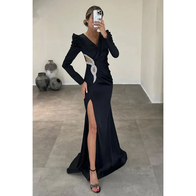Simple Casual Long Sleeves Slit V-Neck Rhinestones Party Prom Dress