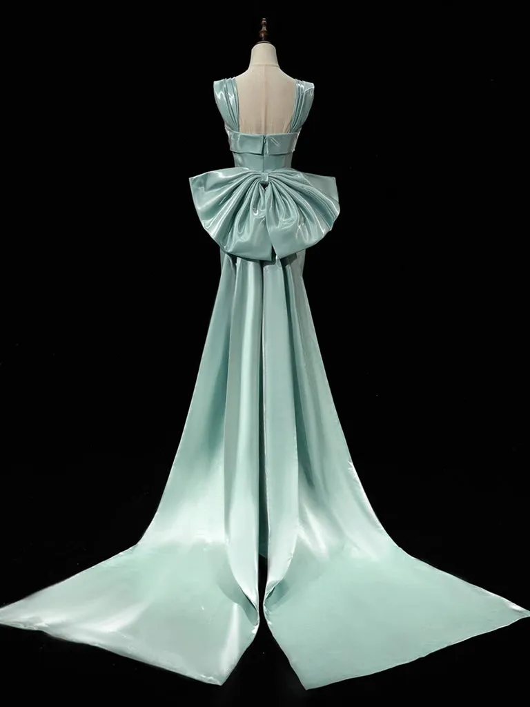 Simple hydra Satin Bow Tie Green Long Prom Dress, Green Long Formal Dress