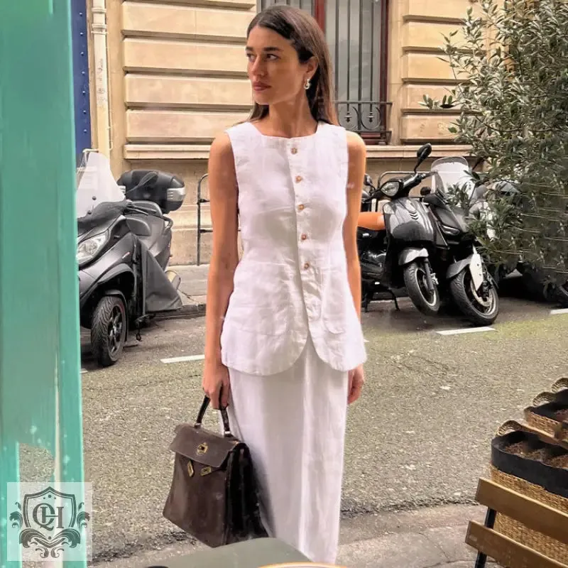Sleeveless Buttoned Top & Maxi Skirt