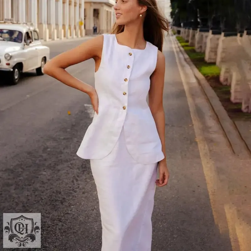 Sleeveless Buttoned Top & Maxi Skirt