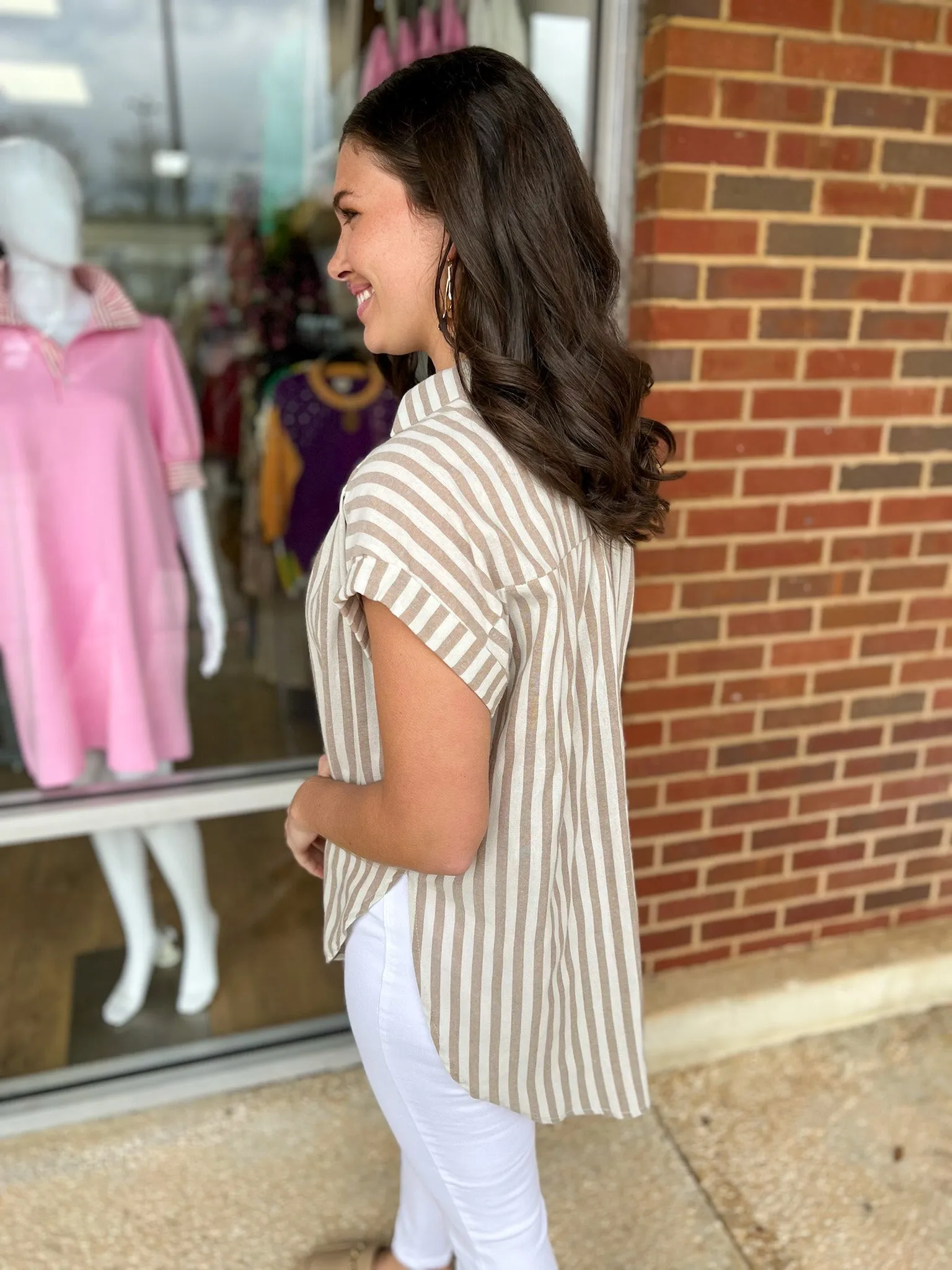 Stay Close Taupe Striped Short Sleeve Button Down Top