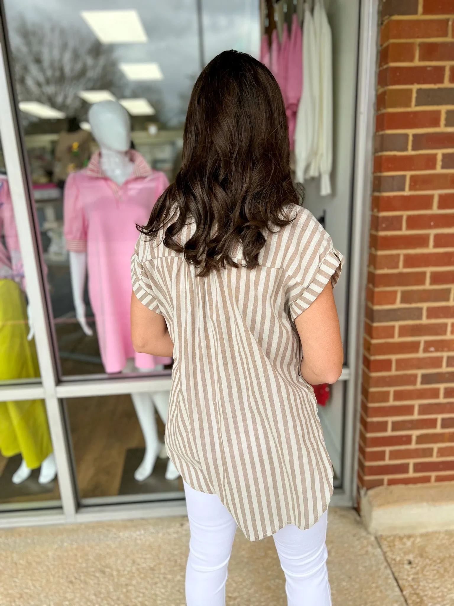 Stay Close Taupe Striped Short Sleeve Button Down Top