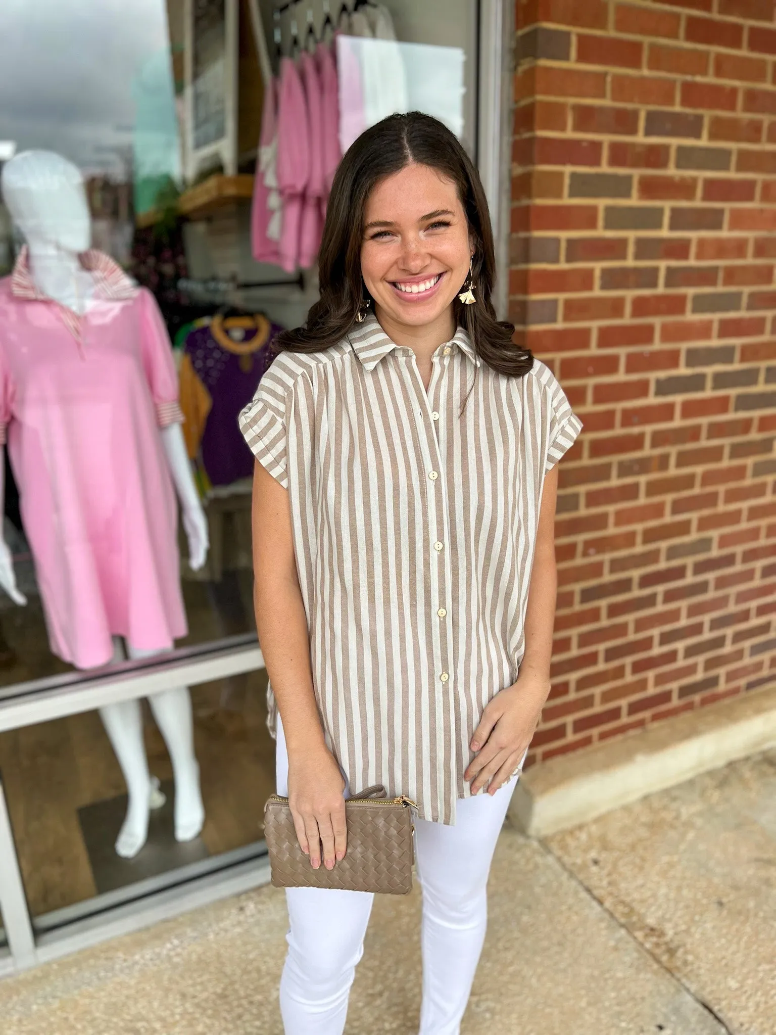 Stay Close Taupe Striped Short Sleeve Button Down Top