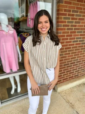 Stay Close Taupe Striped Short Sleeve Button Down Top