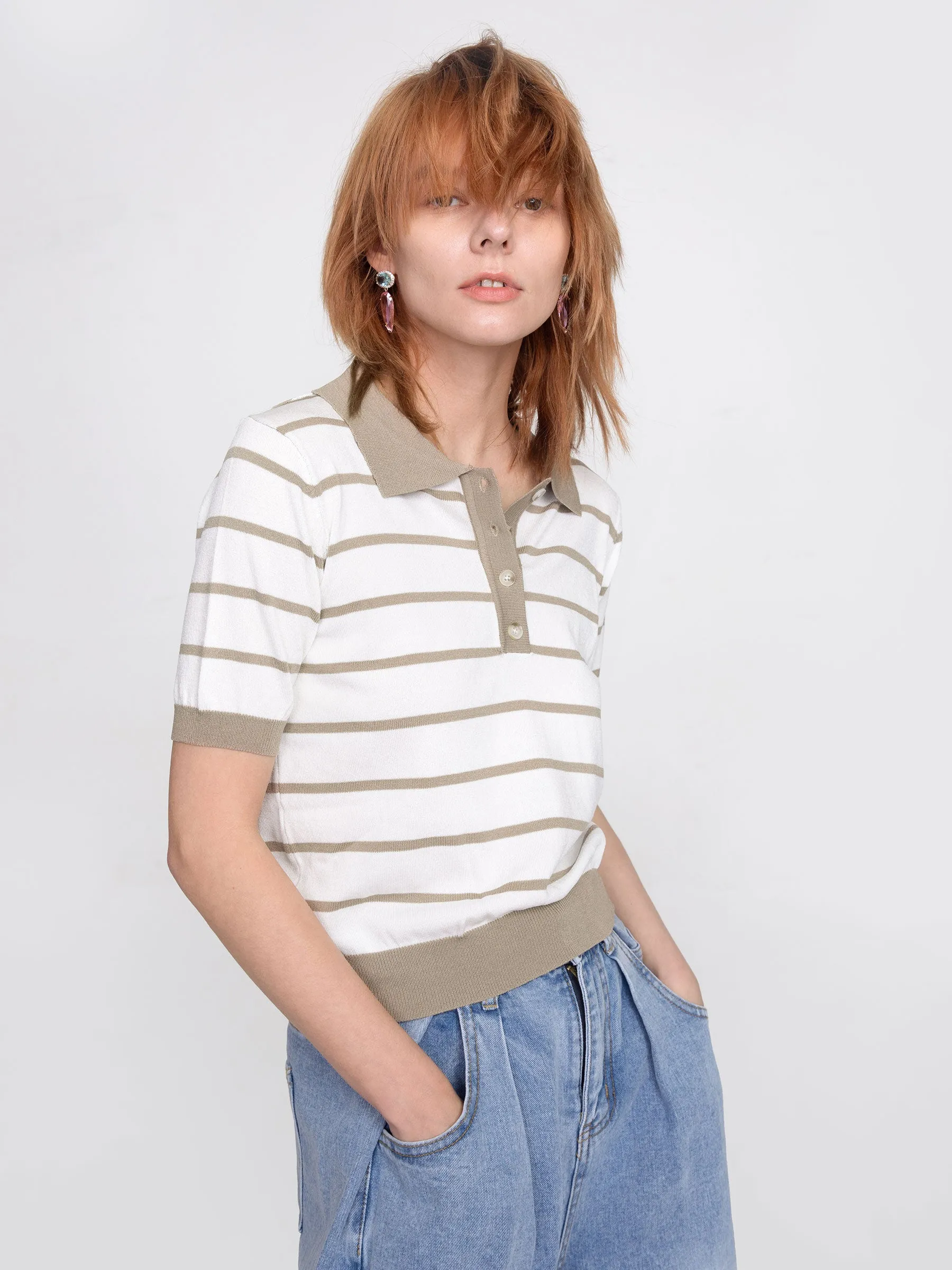 Striped Polo Short Sleeved Knit Pullover