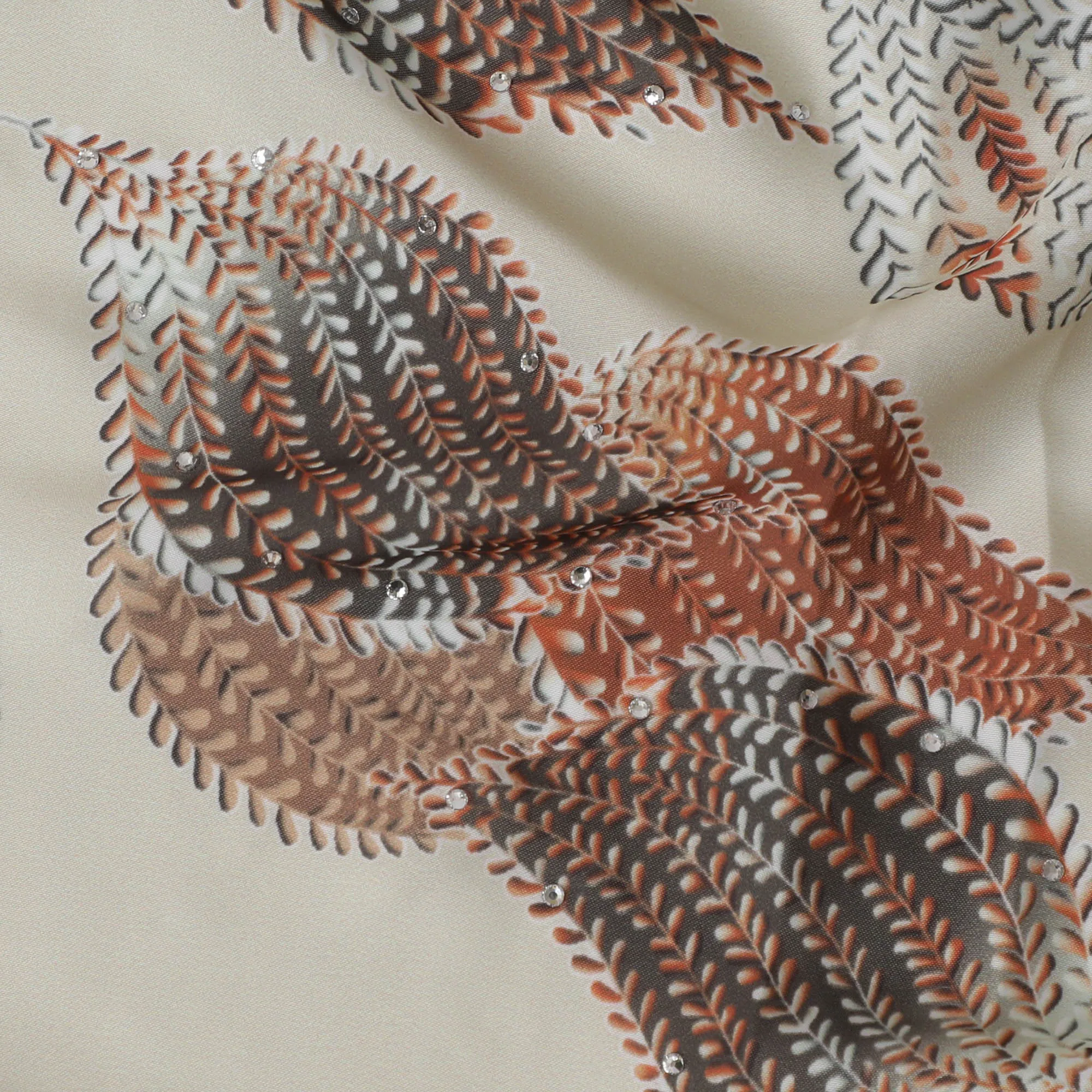 Stylish Cream and Brown Synthetic Modal Satin Fabric with Leaf Pattern and Stone Work, 110 cm Width-20042