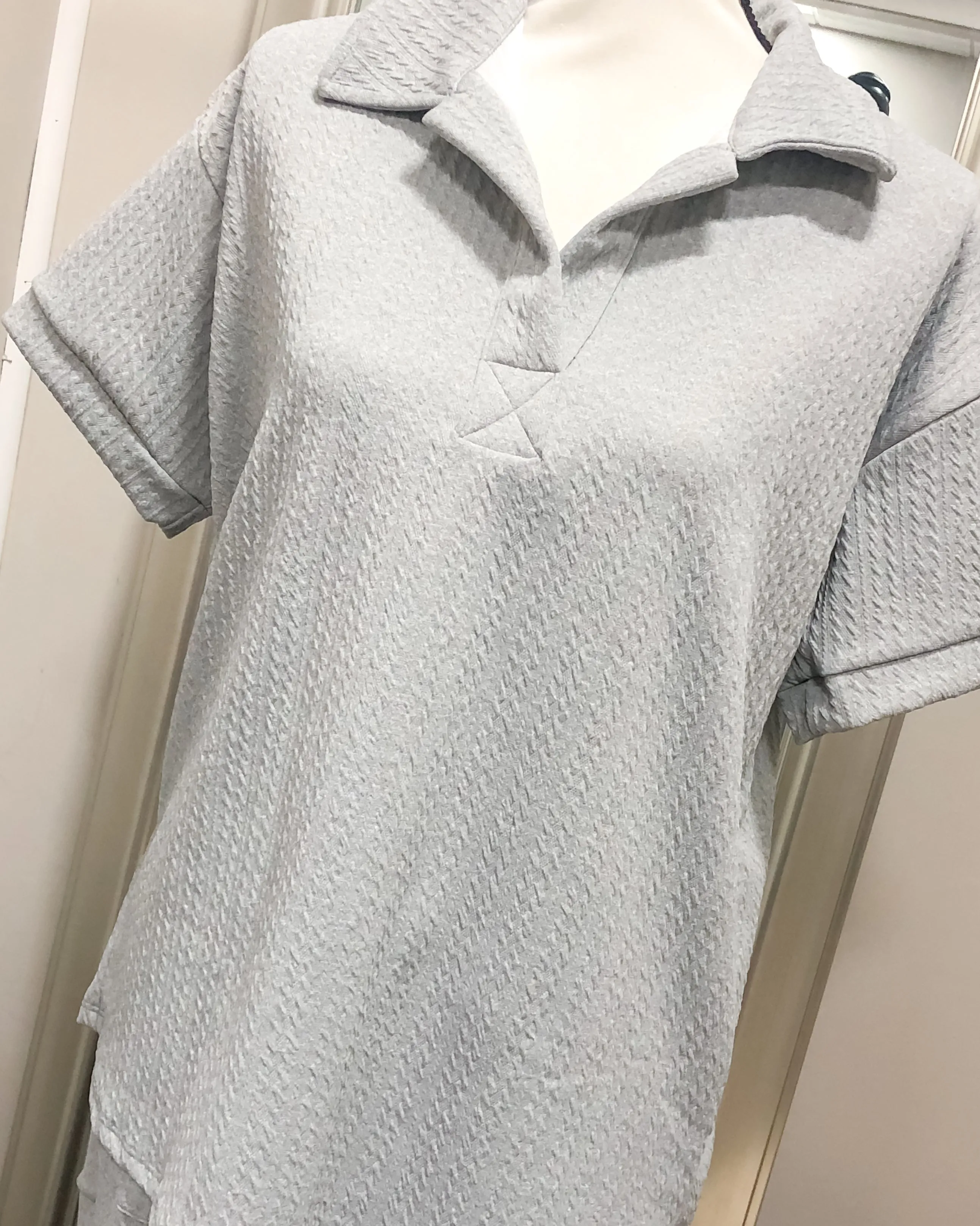 Textured Short Sleeved Collared Lounge Top - Heather Grey