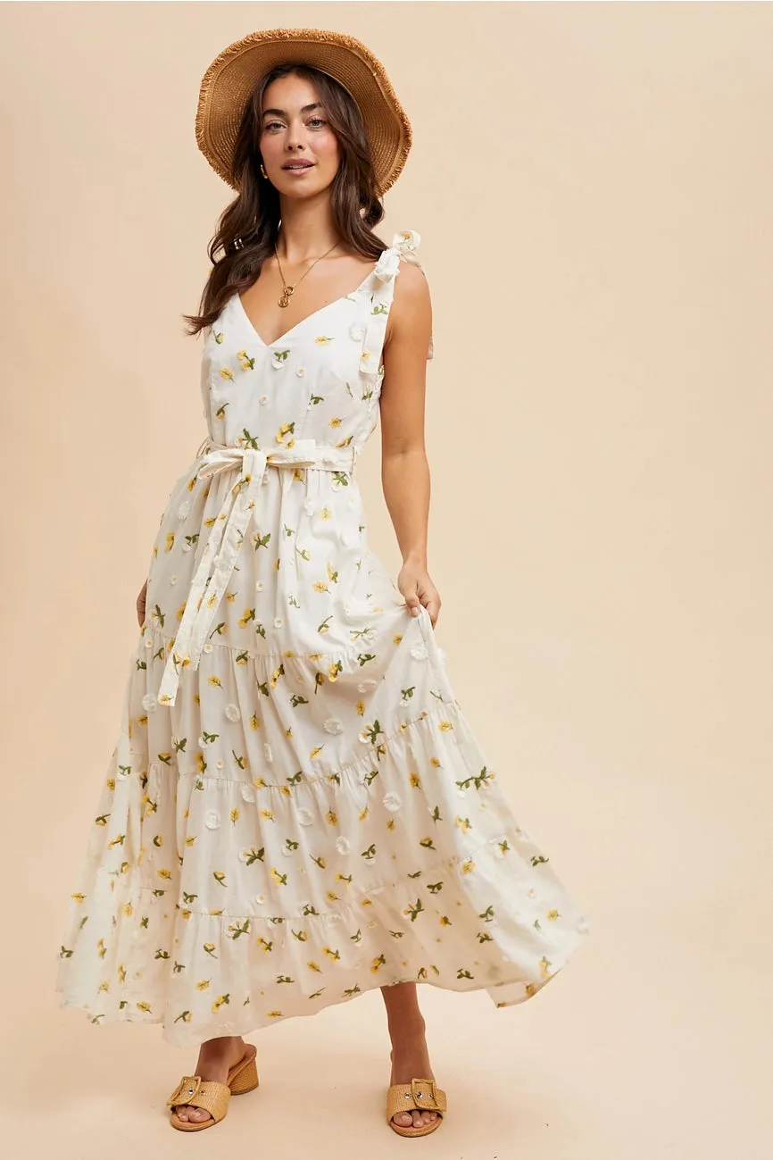 Tie Shoulder Embroidered Cotton Maxi Dress