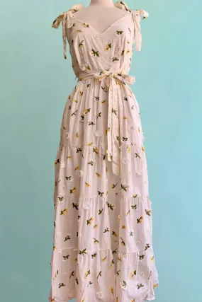 Tie Shoulder Embroidered Cotton Maxi Dress