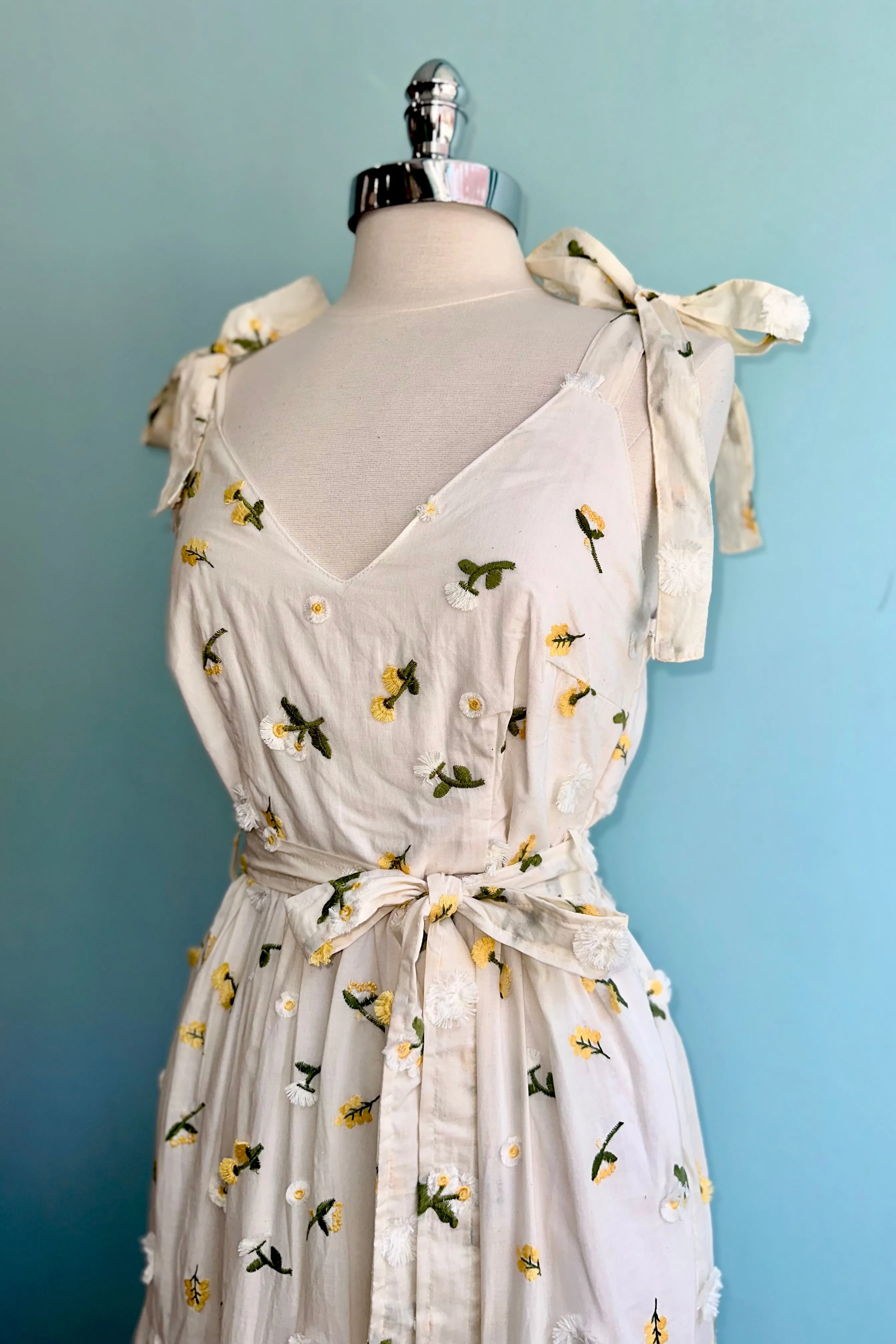 Tie Shoulder Embroidered Cotton Maxi Dress