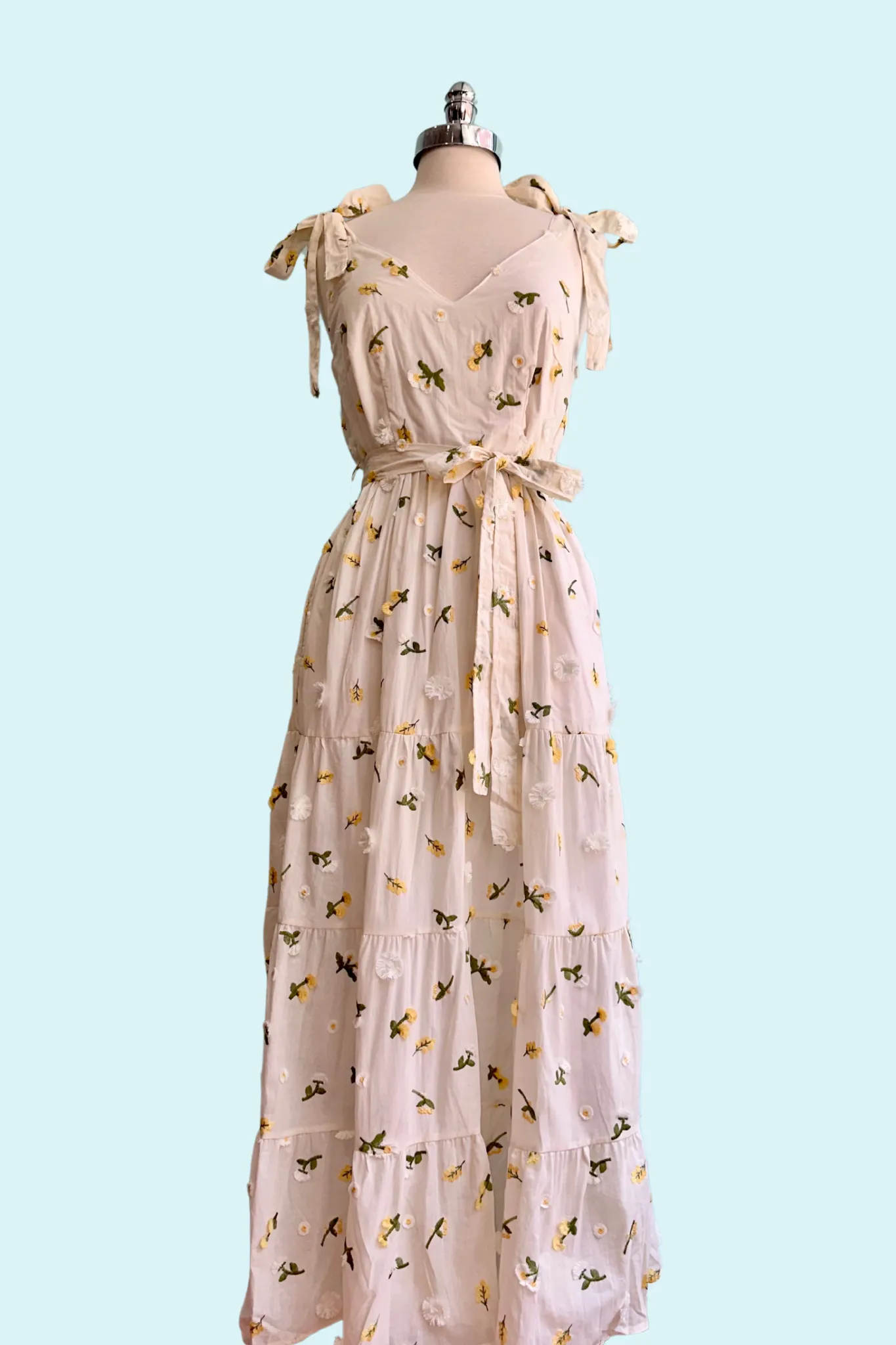 Tie Shoulder Embroidered Cotton Maxi Dress