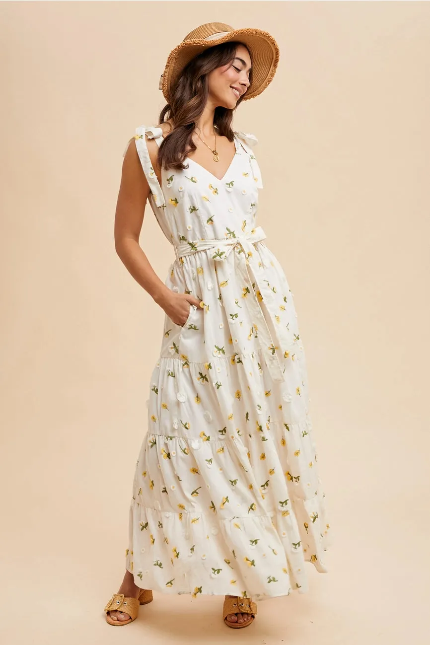 Tie Shoulder Embroidered Cotton Maxi Dress