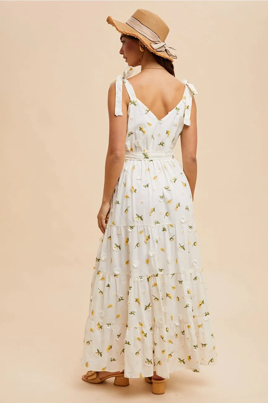 Tie Shoulder Embroidered Cotton Maxi Dress