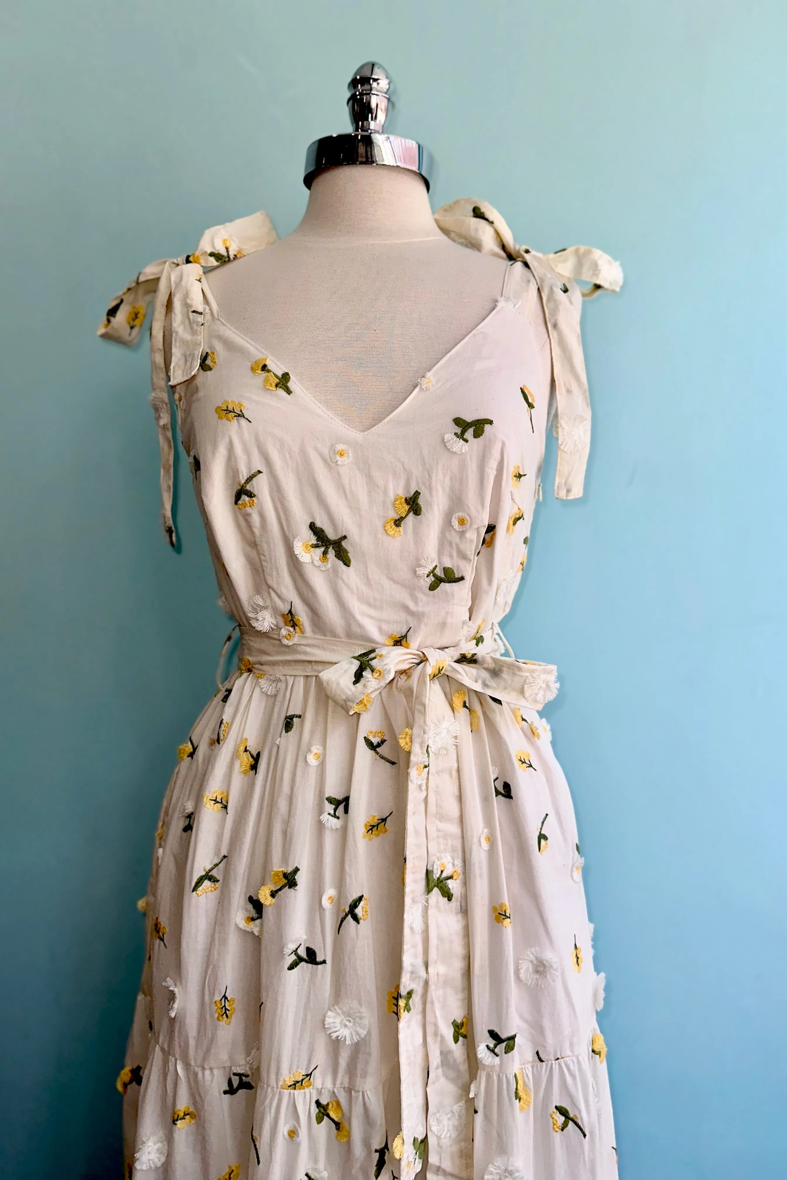 Tie Shoulder Embroidered Cotton Maxi Dress