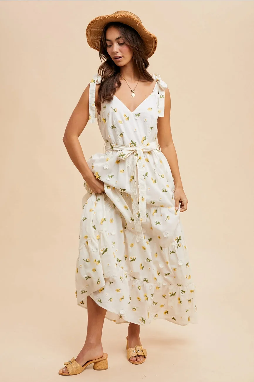 Tie Shoulder Embroidered Cotton Maxi Dress