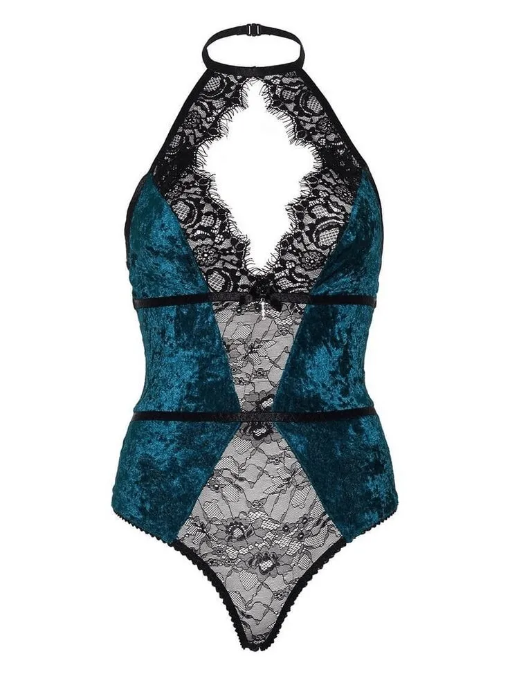Turquoise Velvet & Black Lace Teddy