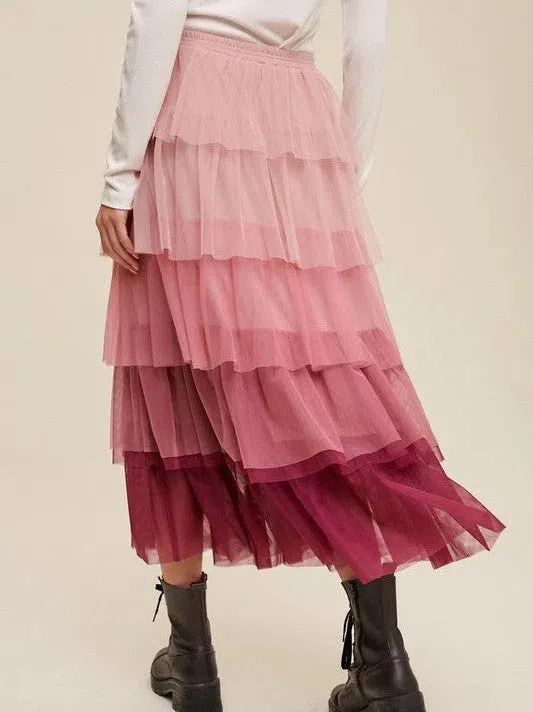 Twirl Through Life Gradient Tiered Mesh Maxi Skirt