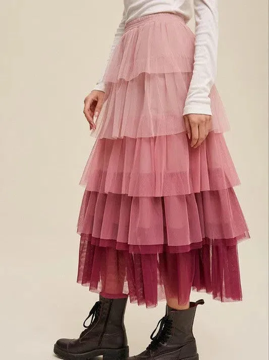 Twirl Through Life Gradient Tiered Mesh Maxi Skirt